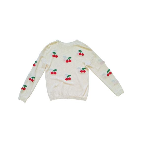 Cherry Print Textured Pullover Sweater Sheer Long Sleeve Kori Womens Medium Top - Picture 3 of 6